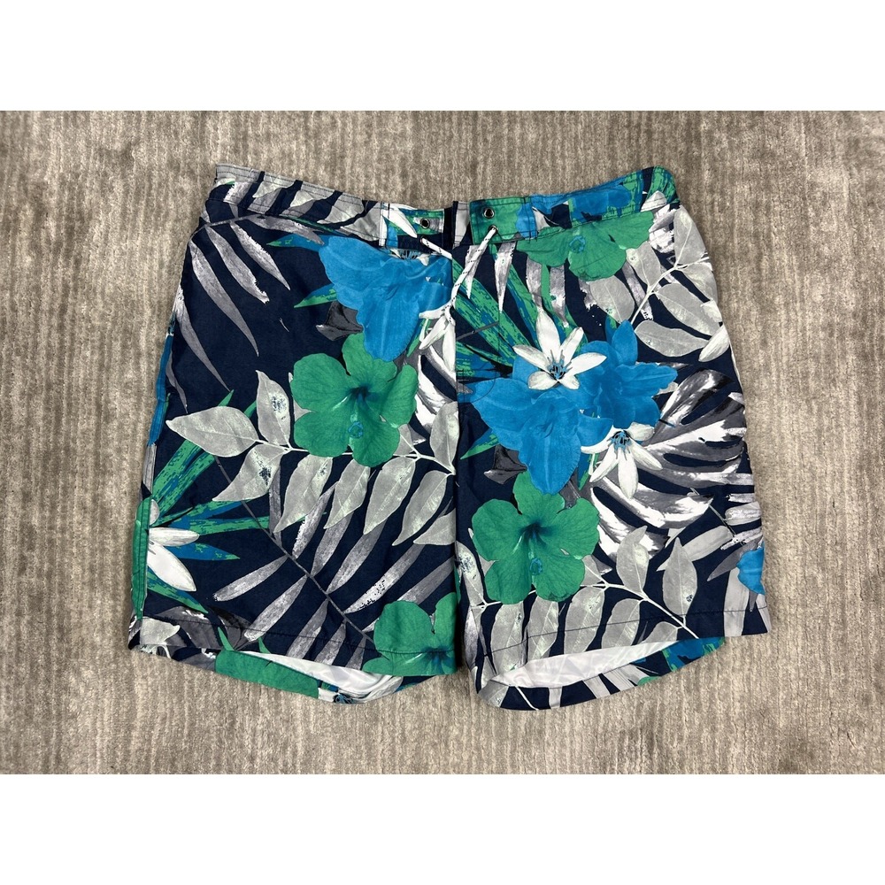 St. Johns Bay Swim Trunks Mens XXL Blue Green Tropical Floral Board Shorts Mesh